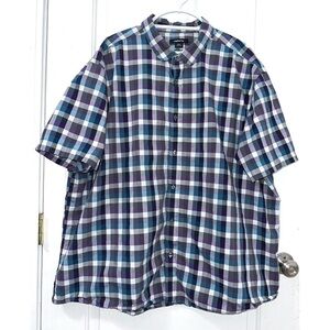 Claiborne short-sleeve button-down shirt in a blue, purple, white plaid pattern